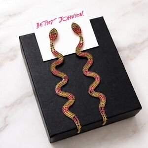 Betsey Johnson Pink Green Rhinestone Snake Drop Earrings 5" Statement NWT